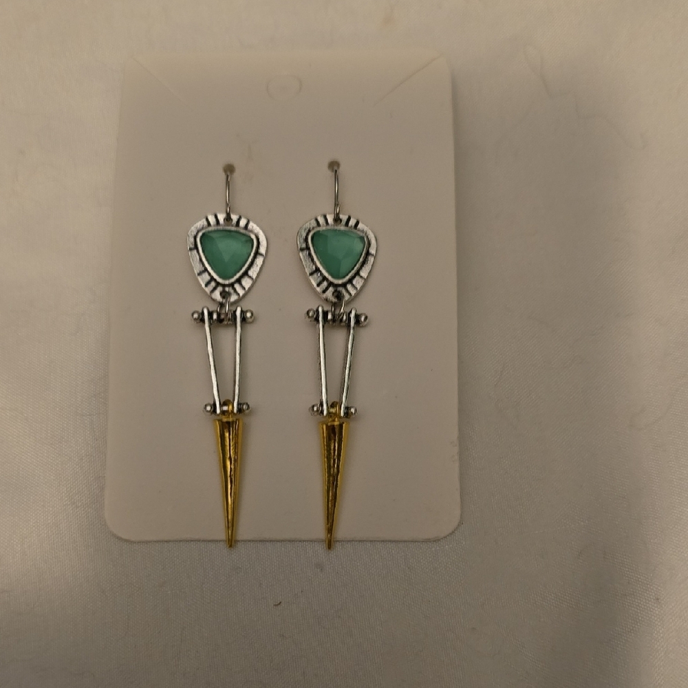 Silver and Gold Dangle Earrings with Green Stone Design